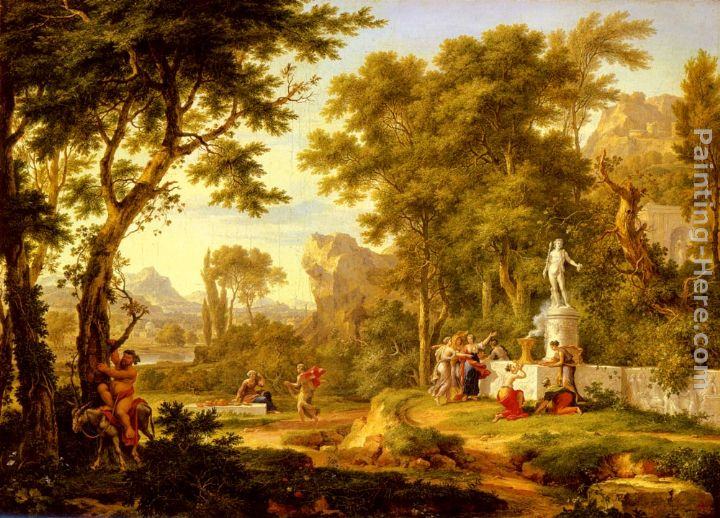 Jan Van Huysum A classical landscape with the Worship of Bacchus